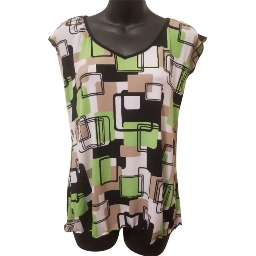 Cato Multi Color Geometric Print V Neck Flutter Sleeve Top sz M
